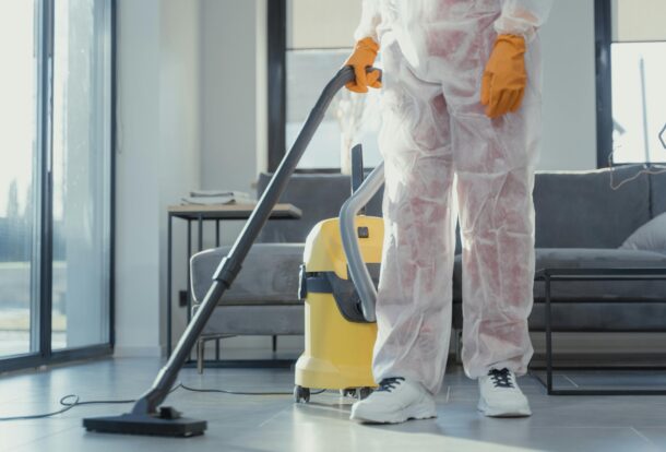 Cleaning specialist vacuuming living room during end of tenancy cleaning service with professional equipment