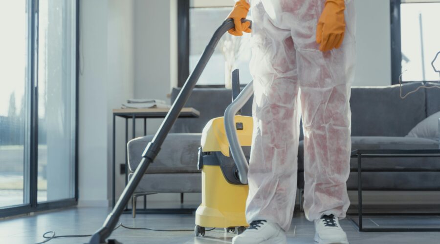 Cleaning specialist vacuuming living room during end of tenancy cleaning service with professional equipment