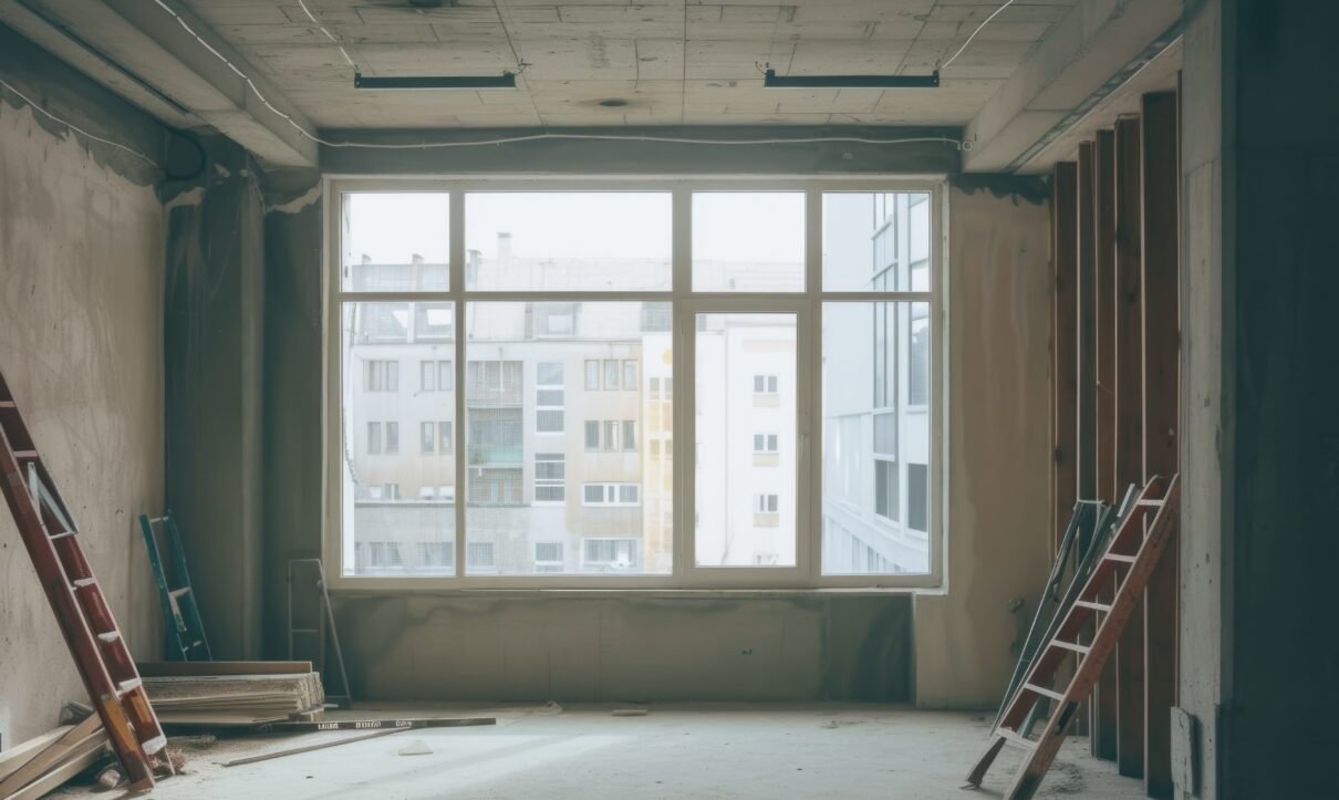Dusty home interior with unfinished walls, ladders, and windows left behind after renovation work in Singapore.