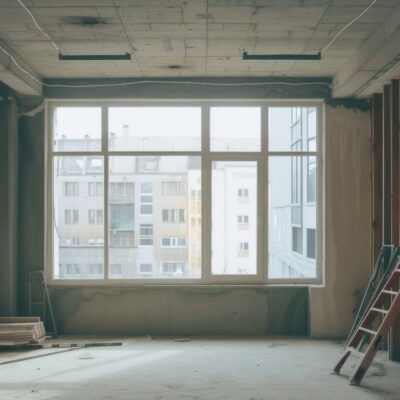 Dusty home interior with unfinished walls, ladders, and windows left behind after renovation work in Singapore.