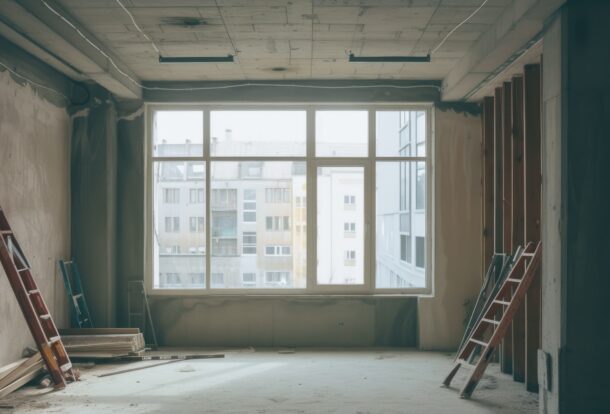 Dusty home interior with unfinished walls, ladders, and windows left behind after renovation work in Singapore.