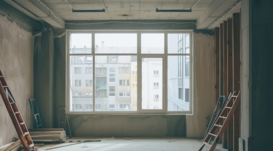 Dusty home interior with unfinished walls, ladders, and windows left behind after renovation work in Singapore.