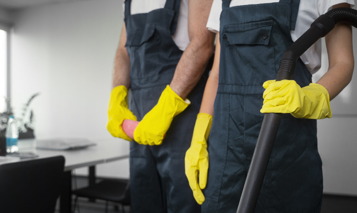 Professional cleaners ready to perform end of tenancy cleaning with professional cleaning equipment.