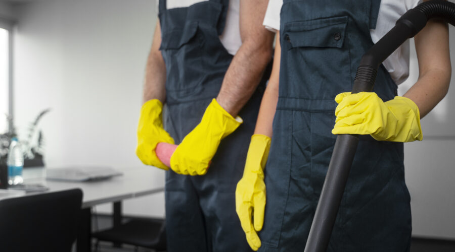 Professional cleaners ready to perform end of tenancy cleaning with professional cleaning equipment.